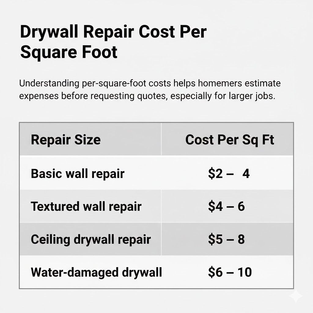 Drywall Repair Cost Per Square Foot Table